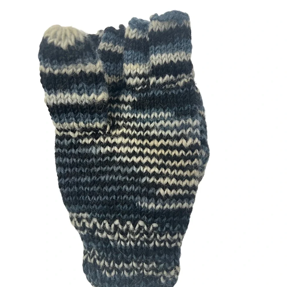 Wool Blue Marled Knit Convertible Flip Top Mittens Fleece‎ Lined Glittens